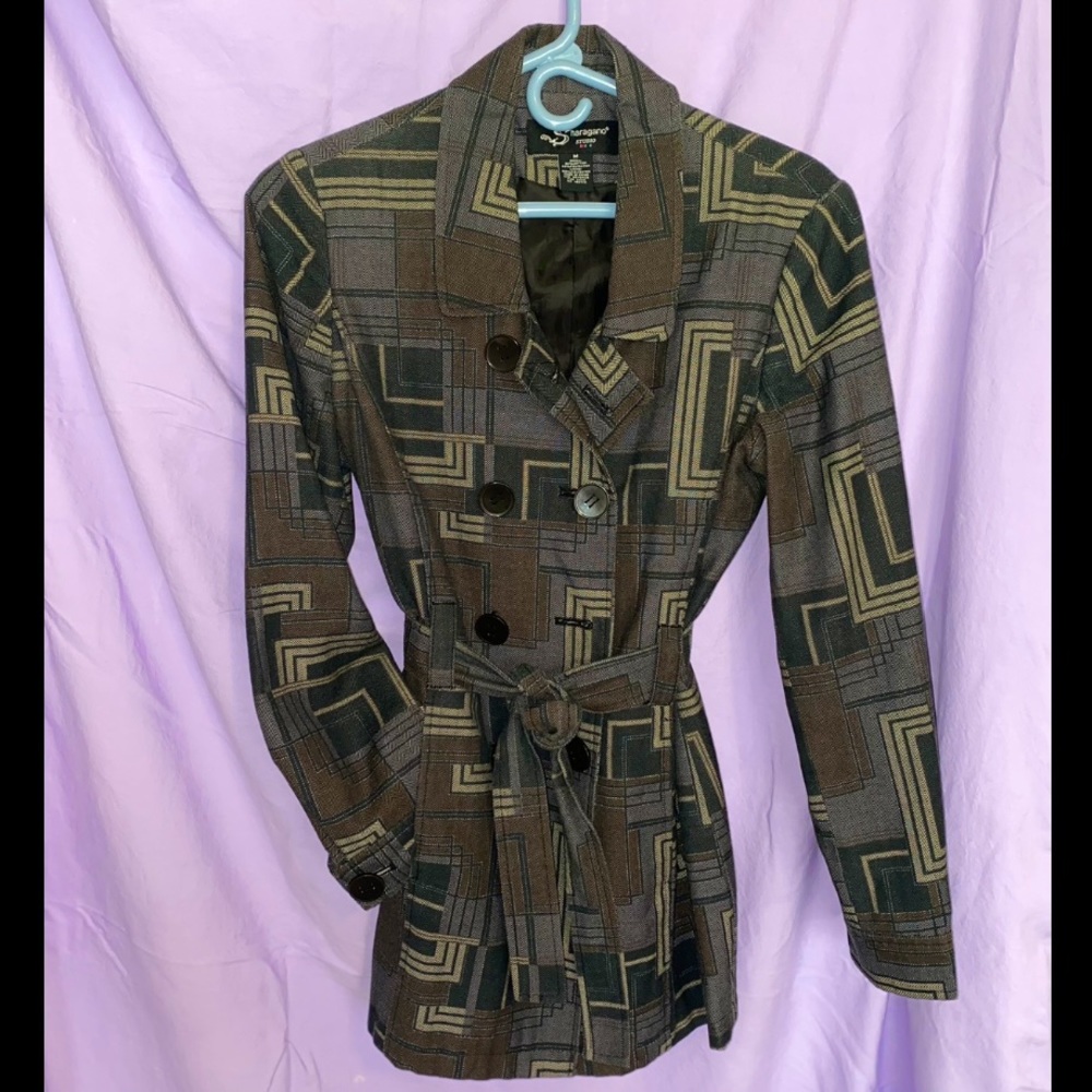 Sharango Studio Abstract Geometric Cinch Belted Mini-Trench Jacket 
| Size M